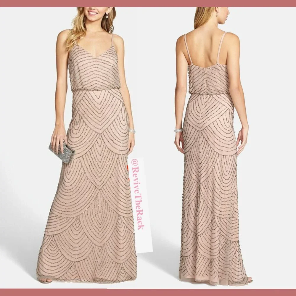 NEW $260 Adrianna Papell Art Deco‎ Beaded Blouson Gown in Taupe Pink [SZ 12P ]